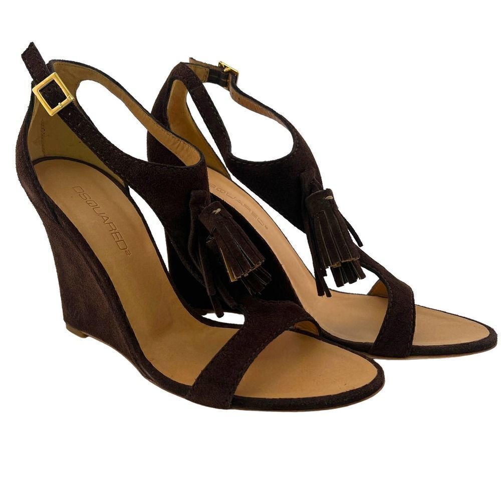 New DSQUARED 2 Women US 10 Brown Suede High Heels Tassel T-Strap Wedge Sandals